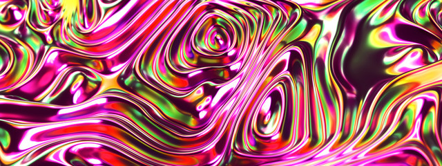Abstract 3d render holographic cloth surface background, ripples and wave, Psychedelic vibrant colors, panoramic