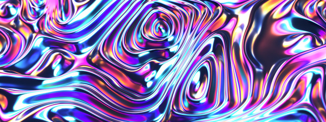 Abstract 3d render holographic cloth surface background, ripples and wave, vibrant colors, panoramic