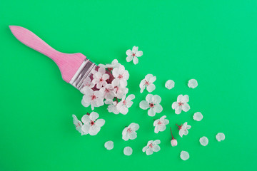 Creative flowers composition. Paintbrush with white flowers  on the green background. Top view. Copy space.