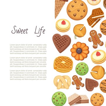 Sweet life with cookies backgrund of different chocolate and biscuit chip cookies, gingerbread and waffle, top view isolated on white background vector illustration. Cookies sweet dessert poster.