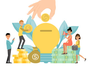 Online crowdfunding money, fundraising business idea tiny character isolated on white, flat vector illustration. Hand keep gold coin, start up concept. Modern internet collect finance system.