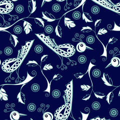 Seamless stylized abstract pattern (background) with birds  silhouette.  