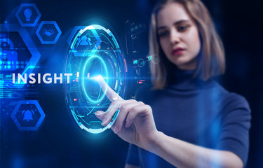 Business, Technology, Internet and network concept. Young businessman working on a virtual screen of the future and sees the inscription: Insight