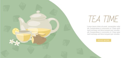 Tea time banner with aromatic herbal tea, ginge, chamomile, lemon and teapot vector illustration. Tea time party invitation web banner.