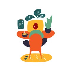 Girl sitting at computer. Online training, work from home, online courses, video conferencing, online meetings. Communication on the Internet, social networks, dating site. Hand drawn flat vector