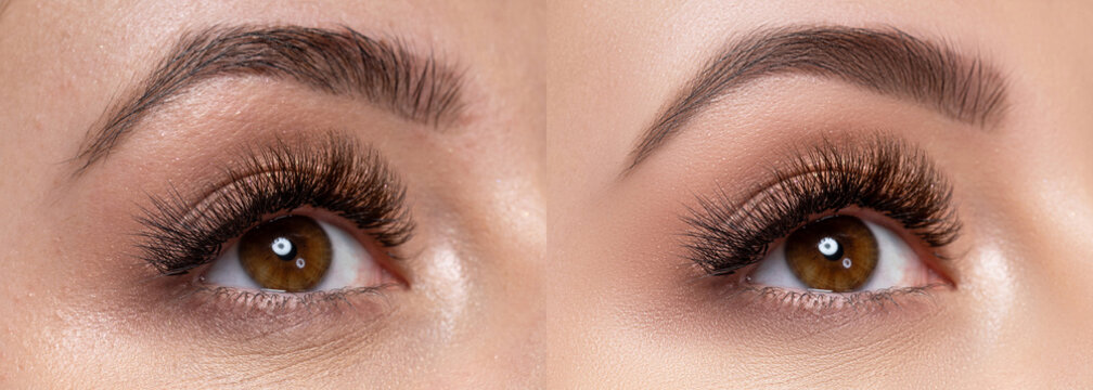 Beautiful macro photography of a woman's eye with extreme makeup of long lashes. retouching before and after