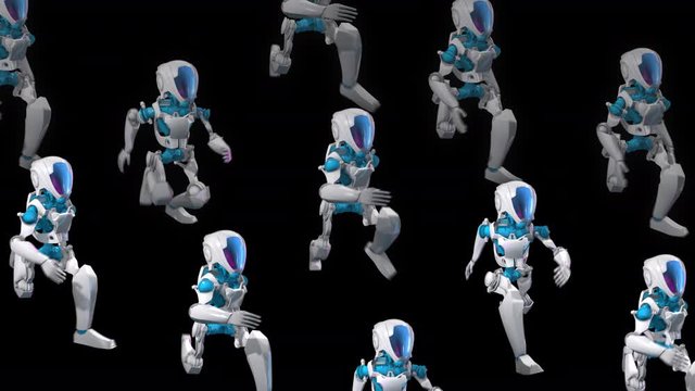 Seamless animation of a army of robots running isolated with alpha channel. Funny futuristic sci-fi background.