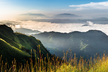 Panorama sea of fog with forests and mountains ridge and grass meadow around trails on the mountain. Beautiful in nature landscape, Doi Thule, Tak province, Thailand