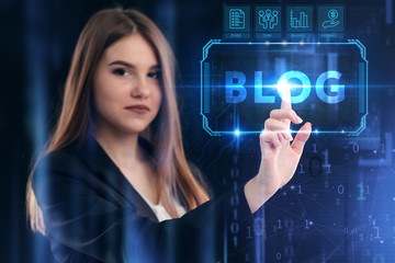Business, Technology, Internet and network concept. Young businessman working on a virtual screen of the future and sees the inscription: Blog
