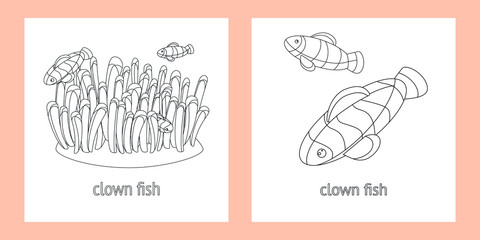 two templates for baby coloring. clown fishes swimming in the coral. linear style