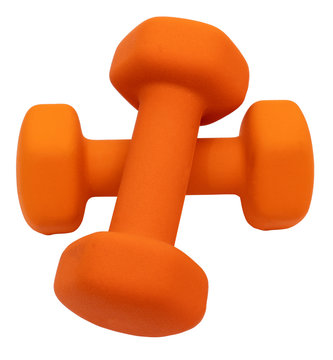 Isolated orange hand weights on white background.