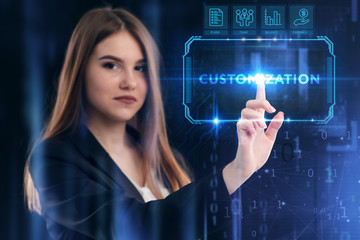 Business, Technology, Internet and network concept. Young businessman working on a virtual screen of the future and sees the inscription: Customization