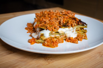 Delicious homemade Italian style lasagna made with meat sauce and mozzarella cheese