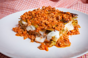 Delicious homemade Italian style lasagna made with meat sauce and mozzarella cheese