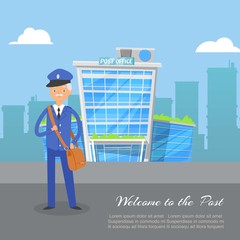 Post office service with postman with postage delivery, cartoon vector illustration. Welcome to the post mail courier in uniform with letters bag poster.