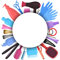 Diverse hairdresser stylist tools with blank, round, white banner and place for text, design, flat style vector illustration. Power-tools beauty salon for drying and curling hair, bottles and hairpins