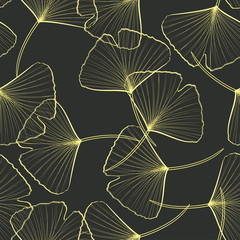 Seamless pattern with golden ginkgo leaves. Natural simple dark background.