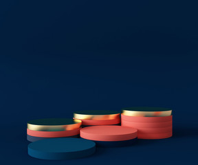3D Rendering - Illustration orange pedestal isolated on blue background, modern minimal concept, empty stage, abstract geometry shape pastel color, Cosmetic background for product presentation.