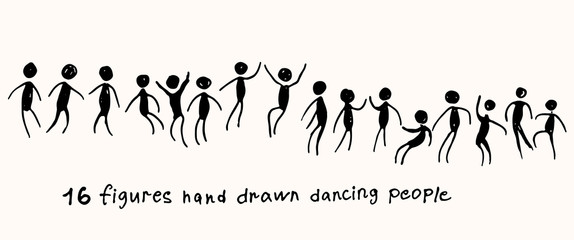 Vector illustration. 16 figures hand drawn dancing people. Set of Doodle People Move. Hand draw black marker art.
