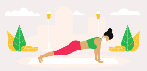 Sport outdoor. Squat. Girl in medical mask go in for sports.People doing exercise. Vector illustration in flat style.