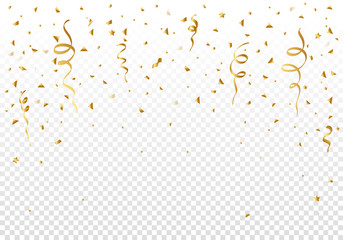 Gold serpentine and many glittering confetti elements fall down and scatter. Template for greeting card, birthday, sale and other design.