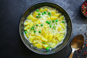 vegetable soup
green peas and small thin pasta vermicelli
Menu concept. food background. top view copy space for text
keto or paleo diet
