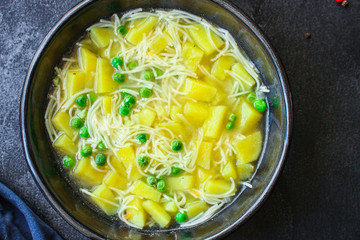 vegetable soup
green peas and small thin pasta vermicelli
Menu concept. food background. top view copy space for text
keto or paleo diet