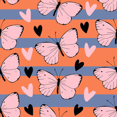 Beautiful pink butterflies with hearts on striped colorful background. Vector seamless pattern. Cartoon style. Cute design for summer scrapbooking, nursery decor, wrap, cards, fashion prints, apparel.