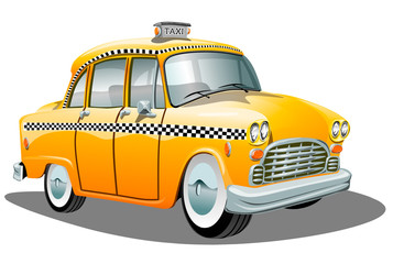 Old retro cartoon yellow taxi car. Vector illustration on a white background.