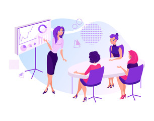 Business lady makes a presentation to his colleagues using a banner with a business graph isolated on white cartoon, illustration, vector. Woman consultant at office does a seminar on company profits