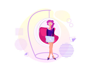 Business woman working on a laptop computer sitting in modern chair isolated on white, flat style color modern vector illustration. Professional office worker at the workplace or home. Business