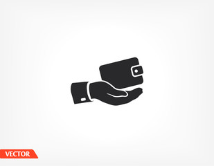 Outline wallet icon in hand isolated on background. Hand wallet app , hand wallet logo, user interface. Editable stroke. Vector illustration. Eps 10 Hand walle