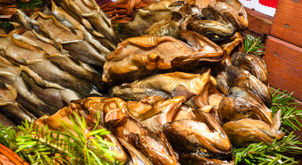 Smoked fish display at the market for sale