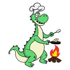 Funny Dinosaurs wearing chef hat and cooking sunny side up egg using pan and spatula with woodfire Cartoon Vector