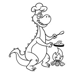 Funny Dinosaurs wearing chef hat and cooking sunny side up egg with woodfire Coloring Book Cartoon Vector