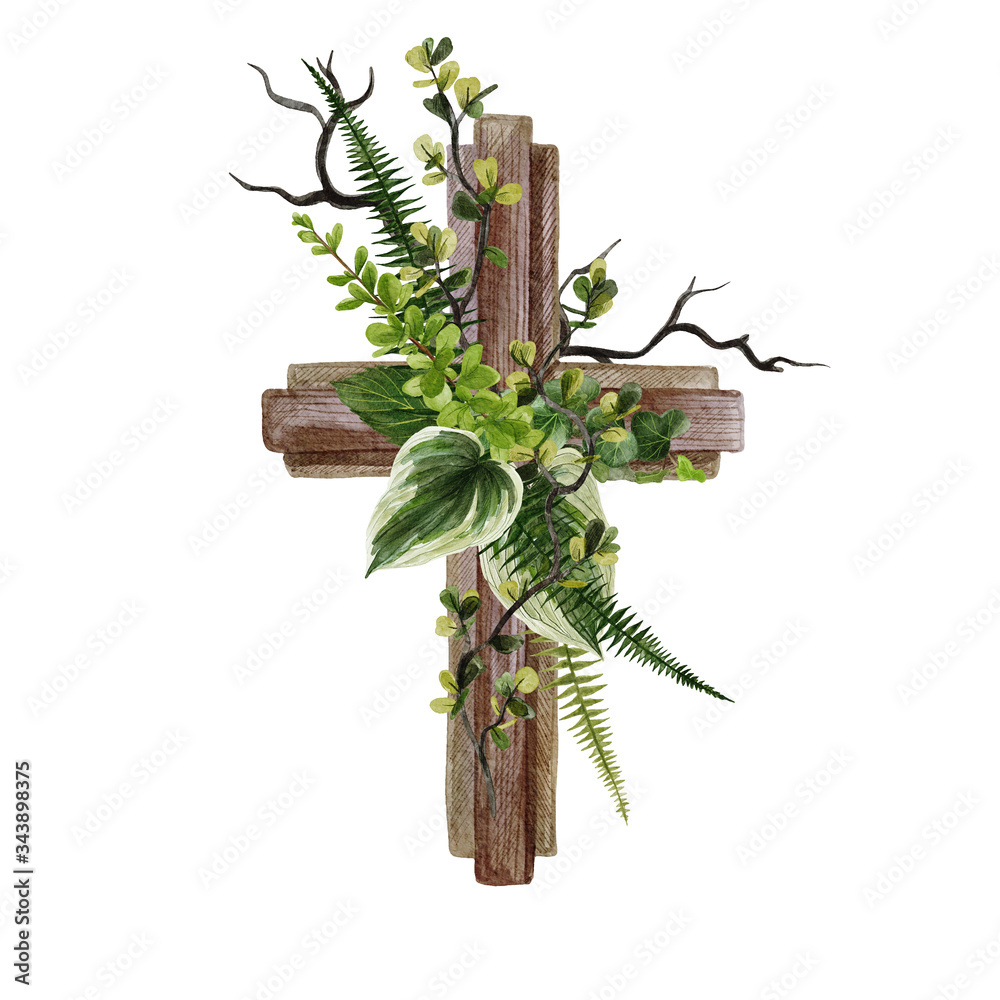 Wall mural christian wooden cross decorated with flowers and leaves