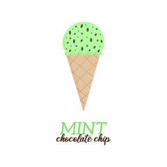 Mint chocolate chip ice cream vector illustration. Sweet dairy or vegan mint with chocolate chips flavored ice cream in waffle cone. Isolated.  