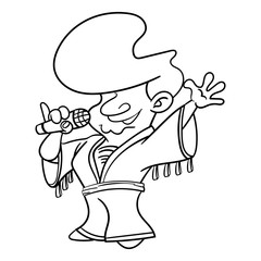 Man singing with microphone and greeting the audience wearing seventies rockstar styles Coloring Book Cartoon Vector