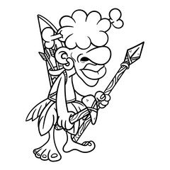 Tribesman goes to hunting with bow and spear wearing leaf clothes Coloring Book Cartoon Vector
