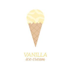 Classic vanilla ice cream vector illustration. Sweet dairy or vegan vanilla flavored ice cream in waffle cone. Isolated.  