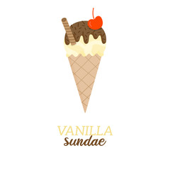 Vanilla sundae scoop ice cream vector illustration. Sweet dairy or vegan vanilla flavored ice cream with chocolate drizzle and sprinkles and cherry on top in waffle cone. Isolated.  