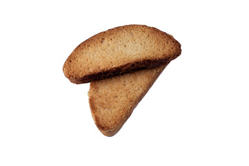 two slices rye bread croutons. Isolated on a white background.