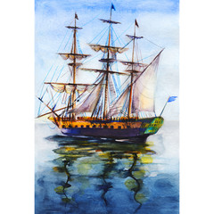 Watercolor hand drawn illustration, sailing ship, bark, military vessel with guns, reflection in water. Card or backdrop in vertical format.