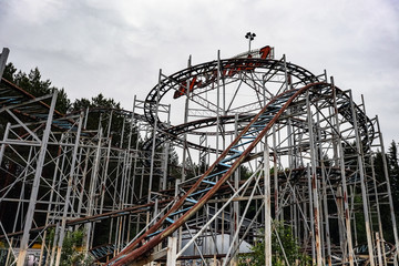 Abandoned city amusement park. Roller Coaster.