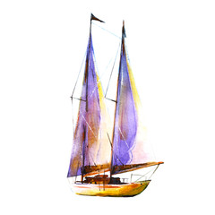Yacht, sailboat at sea. Watercolor illustration hand drawn loose style. Isolate object on white background.