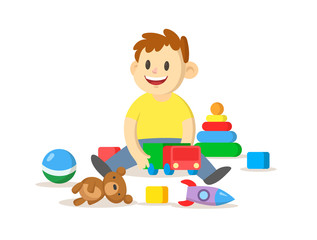 Smiling boy playing with his toys sitting on the floor. Colorful flat vector illustration, isolated on white background.