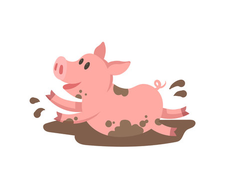 Cute happy pink pig bathing in mud, cartoon character. Colorful flat vector illustration, isolated on white background.
