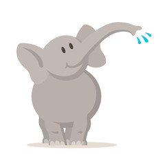 Smiling elephant playing with water, cartoon character. Colorful flat vector illustration, isolated on white background.