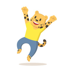 Funny smiling cheetah jumping for joy, cartoon character. Colorful flat vector illustration, isolated on white background.