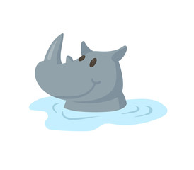 Cute rhinoceros looking out of the water, cartoon character. Colorful flat vector illustration, isolated on white background.